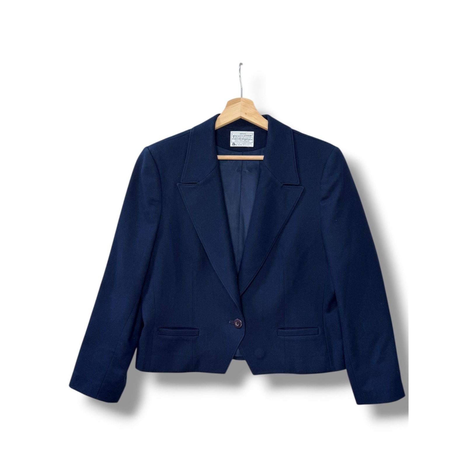Miss Pendleton Vintage Navy 100% Virgin Wool Single Button Blazer Suit Jacket 16